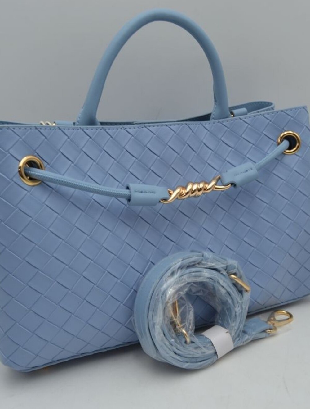 Woven Light Blue Tote Bag with Gold Accents